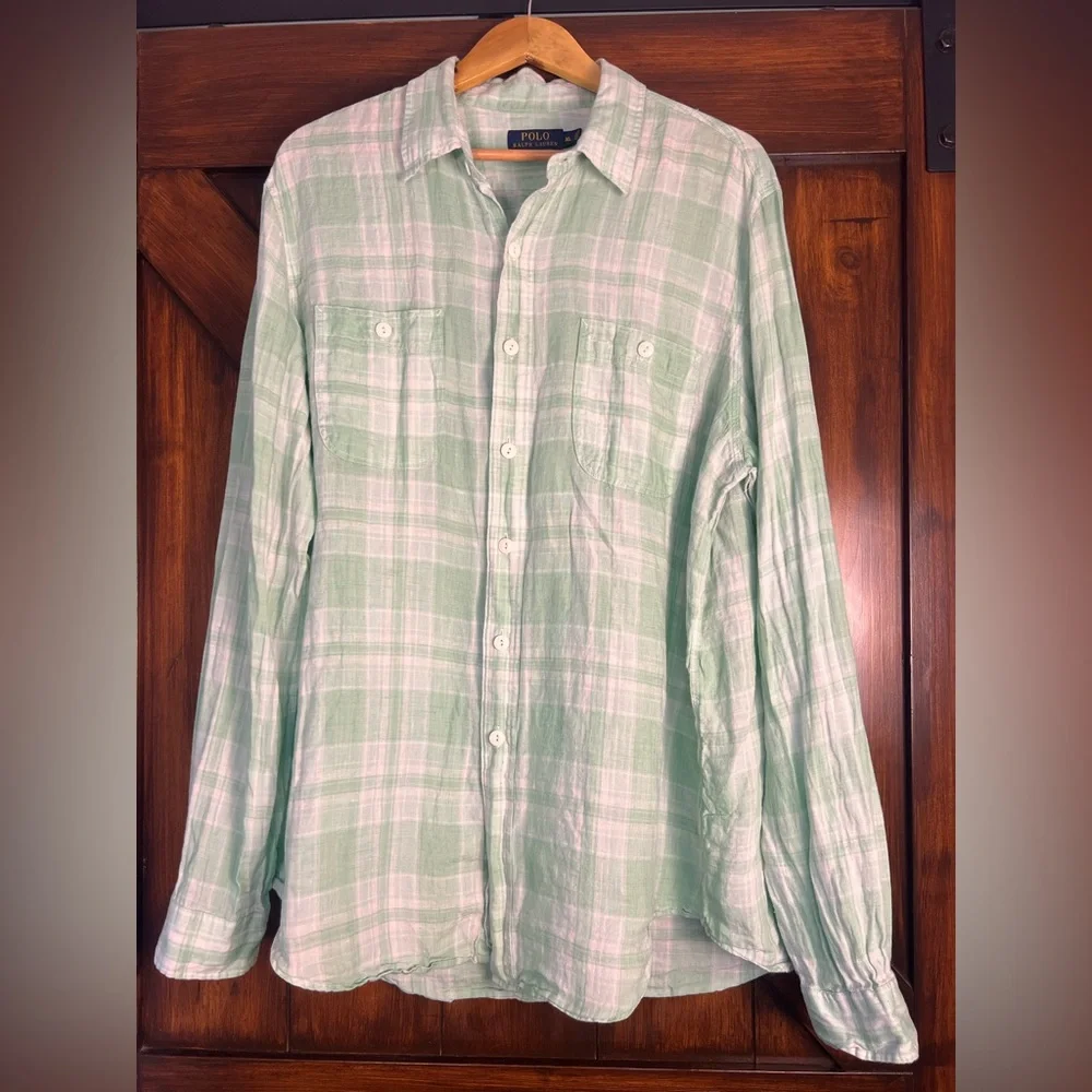 Polo Ralph Lauren Linen‎ Light Green and White Plaid Men's XL Long Sleeve Shirt